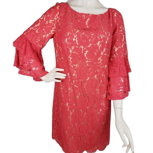 Eliza J Lace Overlay Bell Sleeve Dress Coral Sz 12 - Picture 2 of 6